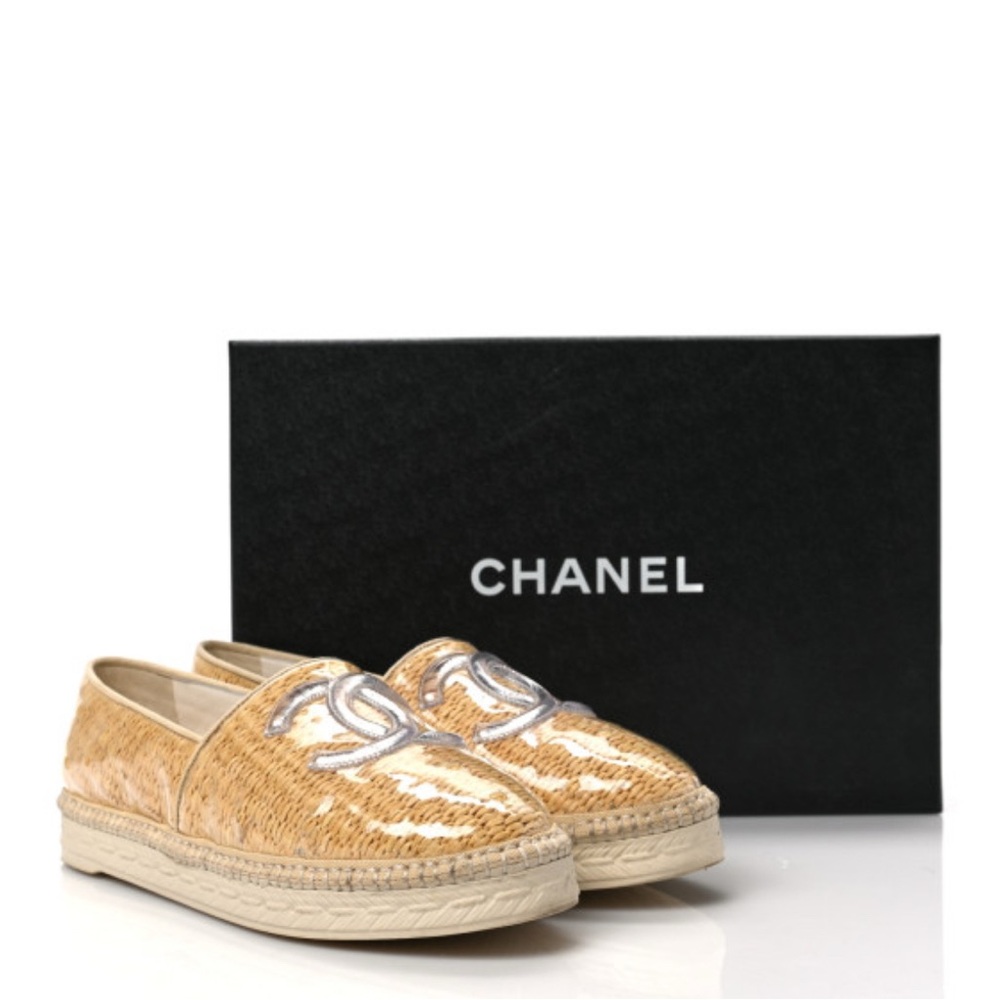 CHANEL PVC Raffia CC Espadrilles 38 Beige